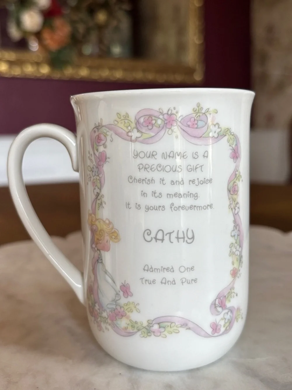 Vintage Precious Moments Personalized White Ceramic 'Cathy' Floral‎ Portrait Mug